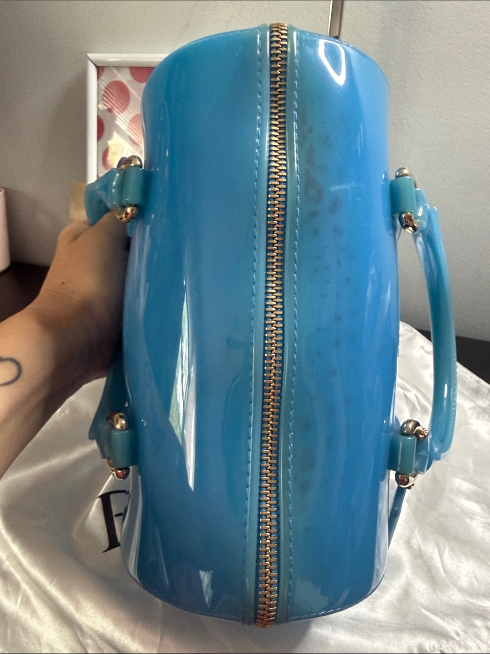 Furla Candy Blue Jelly Mini Handbag Boston Bag Made in Italy - Picture 8 of 13